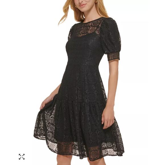 CALVIN KLEIN NWT Black Puff Sleeve Tiered Hem Lace  Dress // 8 - Picture 14 of 14